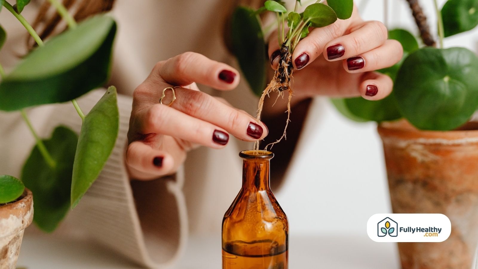 Woman placing plant roots into amber bottle for natural extract use