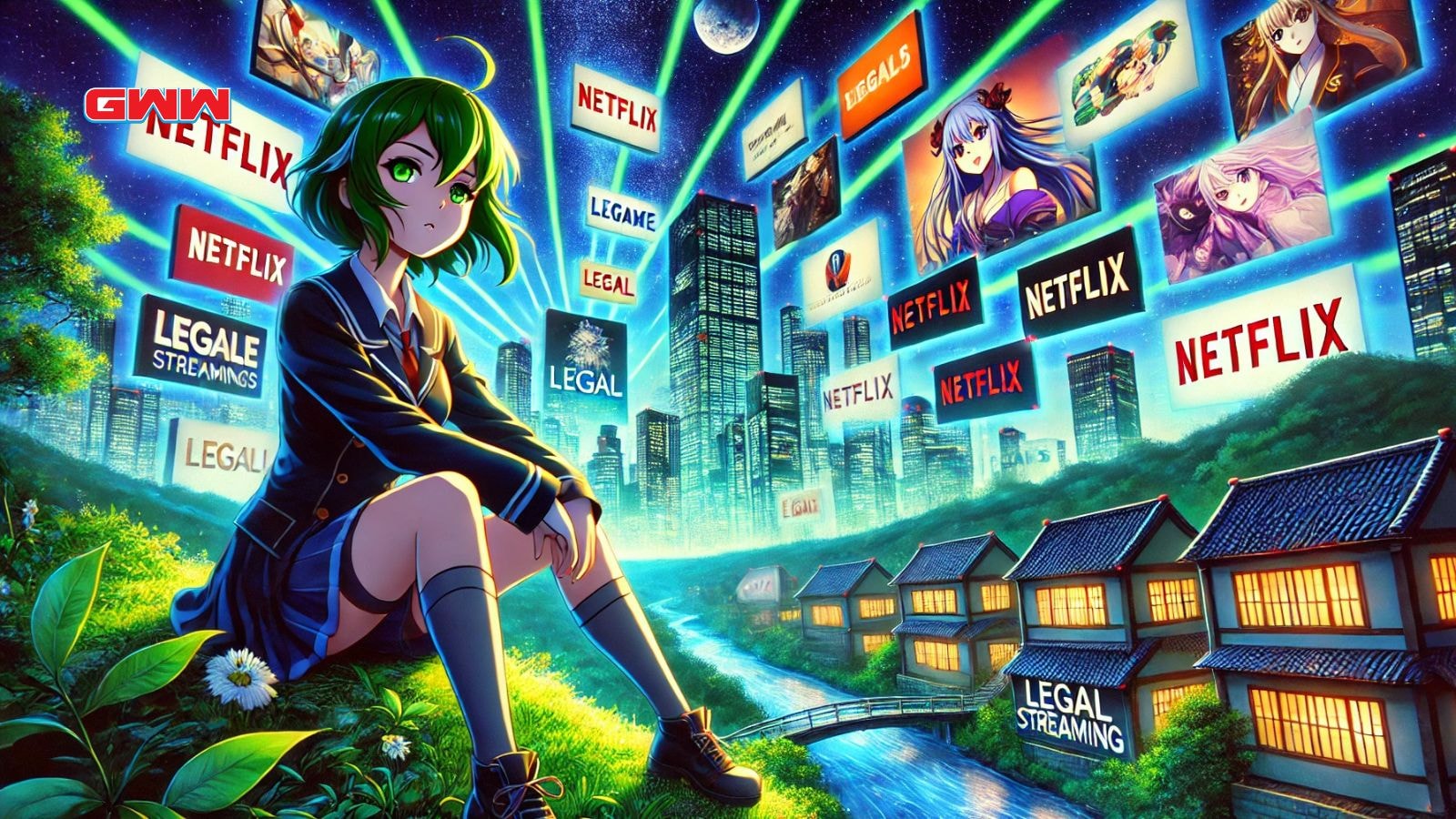 A scene featuring an anime character with green hair, sitting confidently on a cliff overlooking a vibrant city.