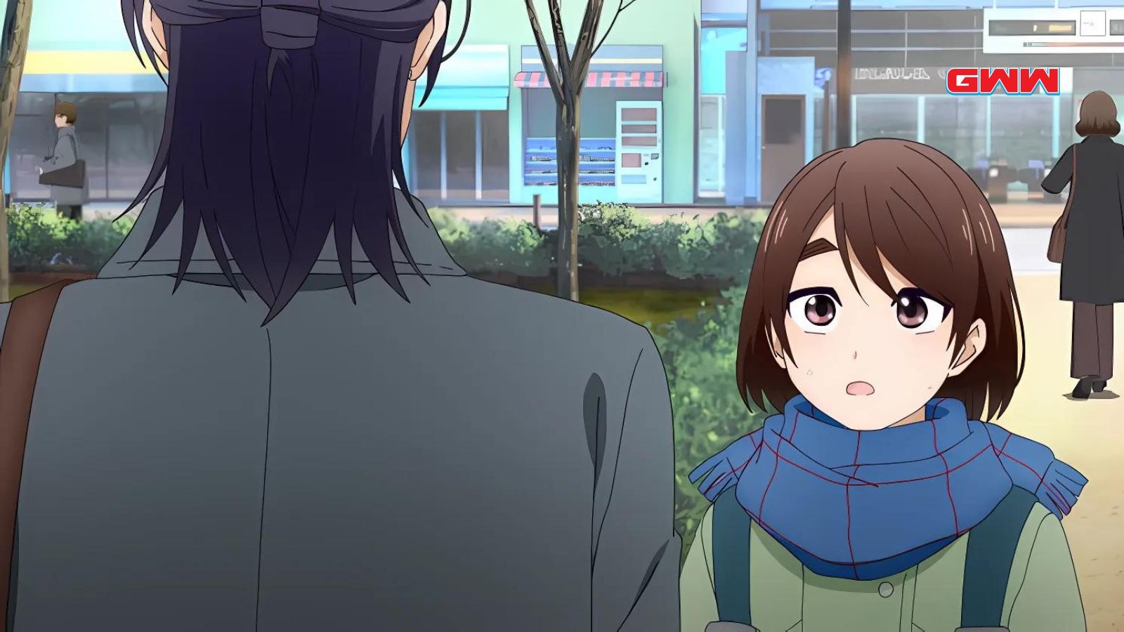 Hotaru and Hananoi talk on a city street, emotional expressions visible