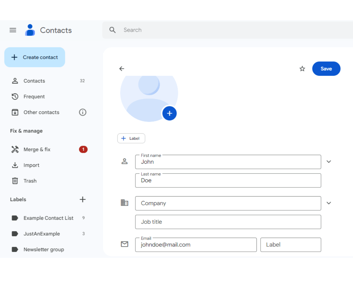 How to add contacts to Gmail: Lastly, enter the details of your contact and click Save