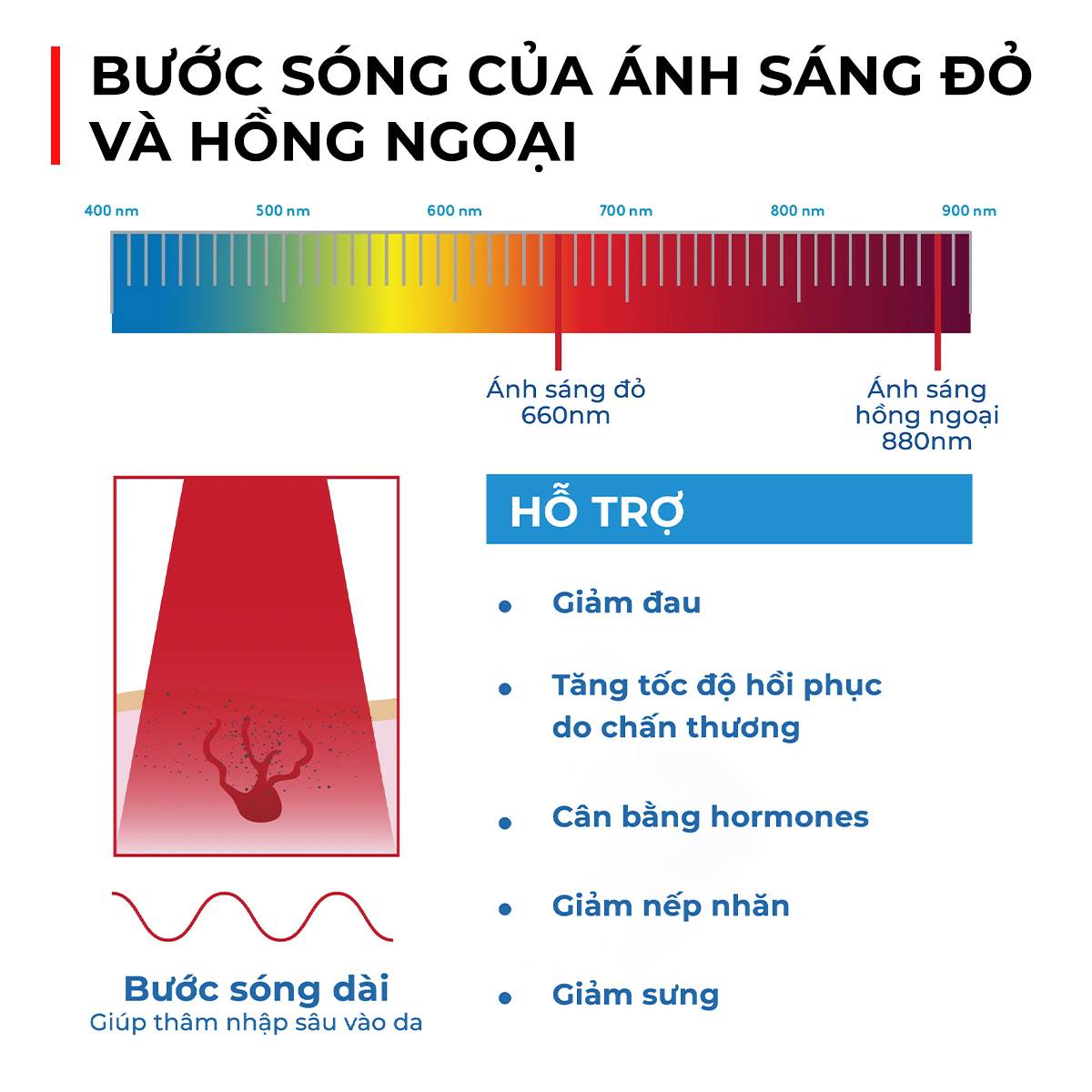 Bước sóng của ánh sáng đỏ 660nm và ánh sáng hồng ngoại 880nm, cùng với hướng dẫn lợi ích như giảm đau, tăng tốc độ hồi phục, cân bằng hormone và giảm sưng. Thông tin bổ trợ cho liệu pháp ánh sáng đỏ, chống lão hóa và chăm sóc da.
