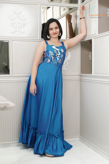 BLUE EMBROIDERY LONG DRESS - Saurabh Jain World