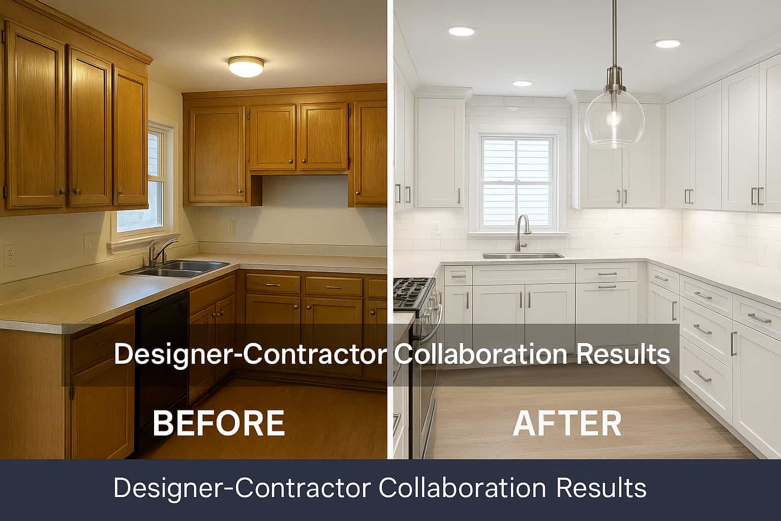 Before and after kitchen remodeling transformation showing results of designer-contractor collaboration for high quality home improvement leads.