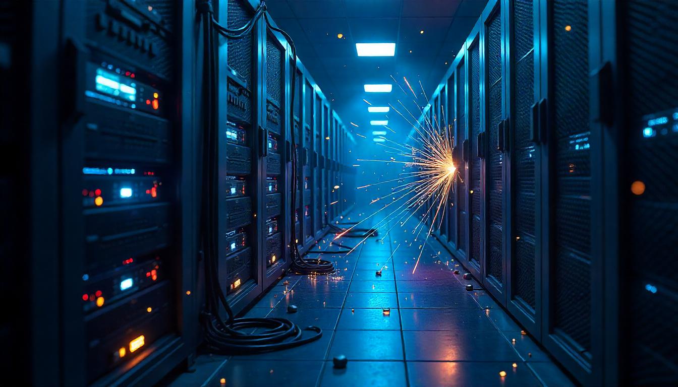 The intense, dynamic scene of sparks and electrical activity in this image underscores the need for a "proactive versus reactive cybersecurity" approach, where organizations leverage advanced monitoring and rapid response capabilities to anticipate and mitigate potential system failures or cyber threats, rather than waiting for disruptive incidents to occur.
