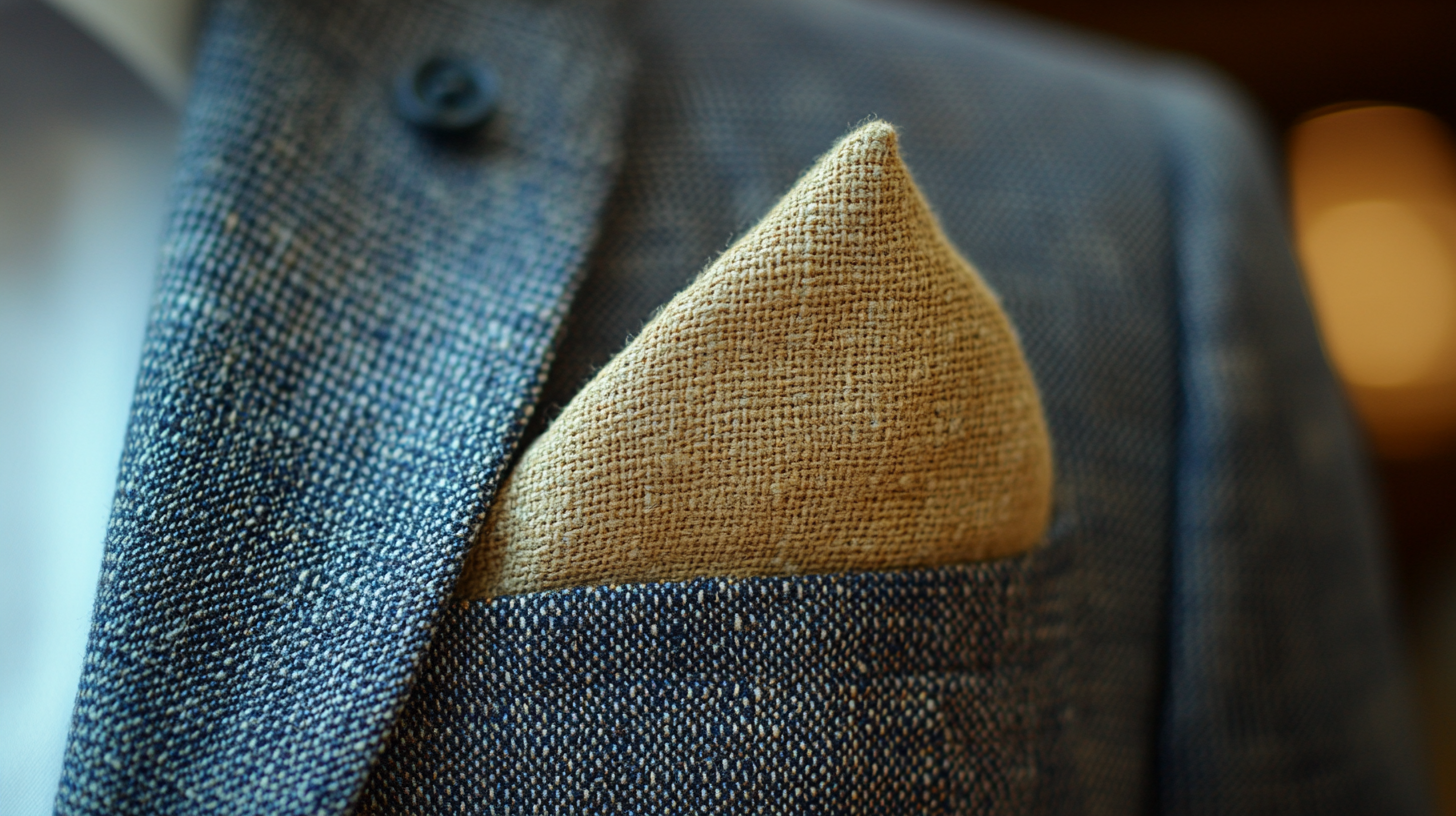 
A linen pocket square, gently folded and placed in the pocket of a relaxed, summer suit. The linen fabric has a slightly textured appearance, giving it a laid-back yet stylish feel. It’s lightweight and breathable, perfect for hot weather. The soft, natural look of the linen is highlighted by subtle lighting, emphasizing its casual elegance and suitability for warm, informal occasions