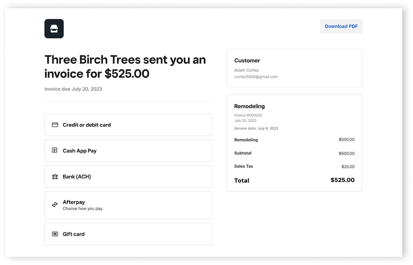 Square Invoices Payment option