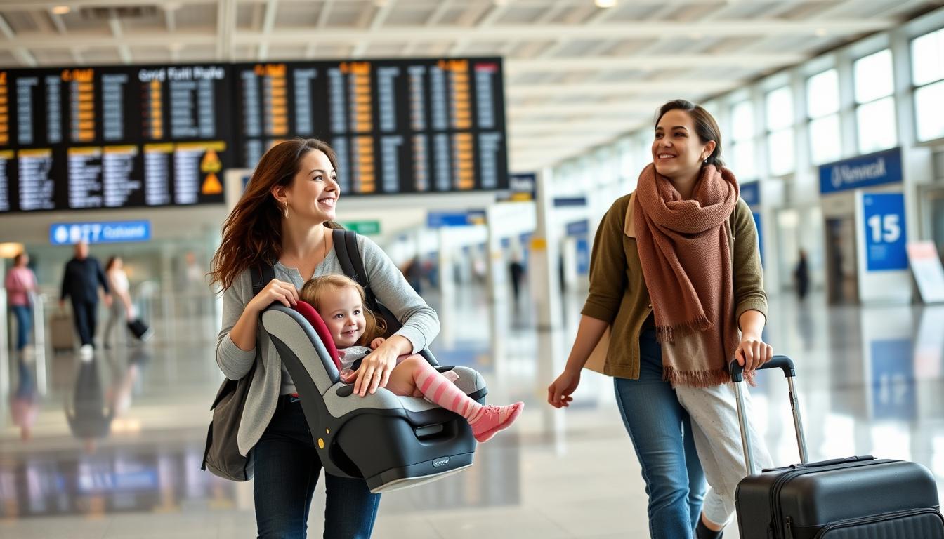 Family traveling with lightweight car seat through airport