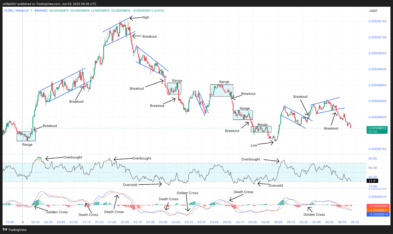 Chart 4: FLOKI/USDT M1 Chart, Analysed by vallijat007, published on TradingView, June 3, 2025
Floki price