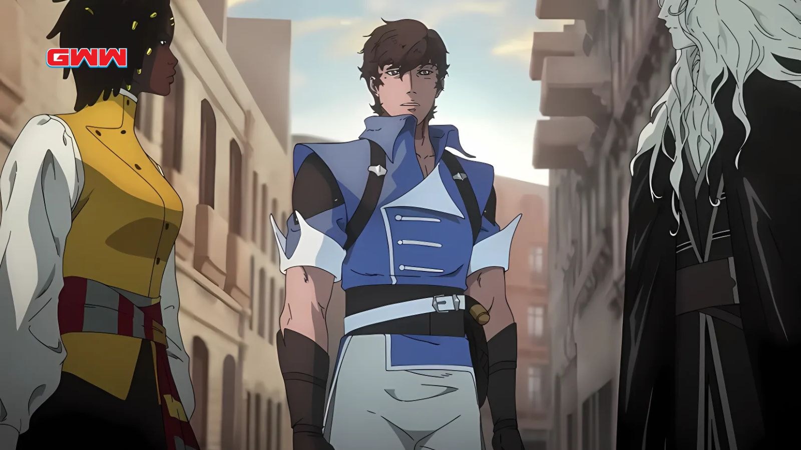 Annette, Richter Belmont, and Alucard stand together in a city street