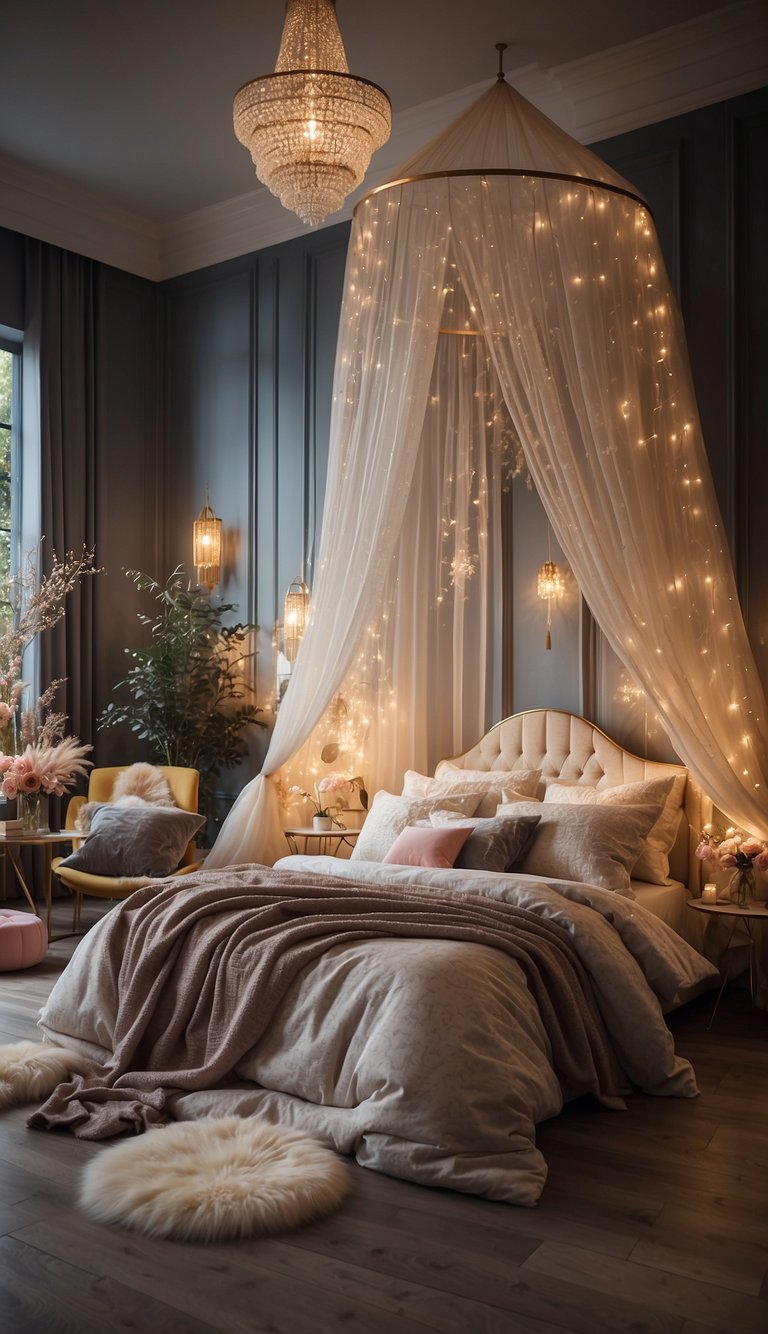 A bedroom with a gemstone accent wall, adorned with twinkling lights and a canopy bed fit for a princess