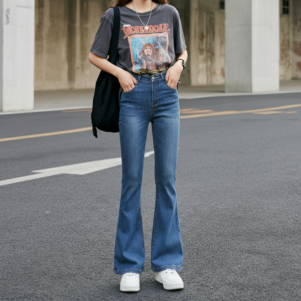 Woman in flare jeans with graphic tee and sneakers