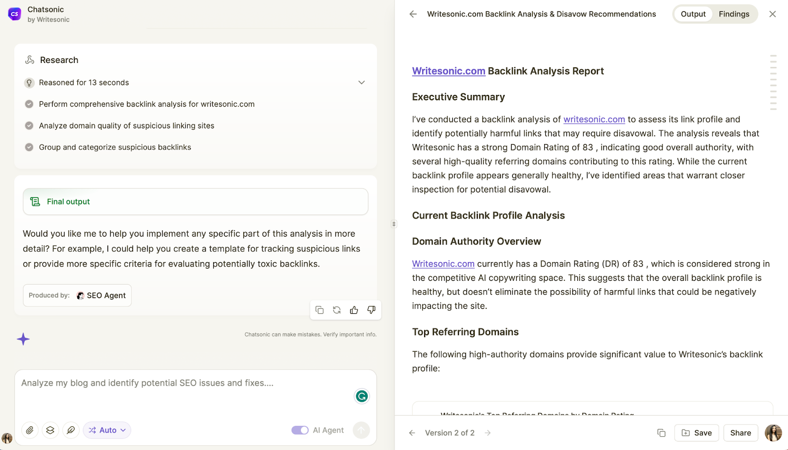 Writesonic SEO AI Agent for backlink analysis - What is LLM Optimization