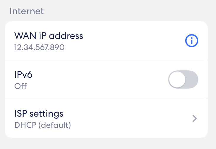 Image de la section Internet du menu Paramètres réseau. Elle affiche l'adresse IP WAN, le commutateur IPv6 et le menu Paramètres du FAI.