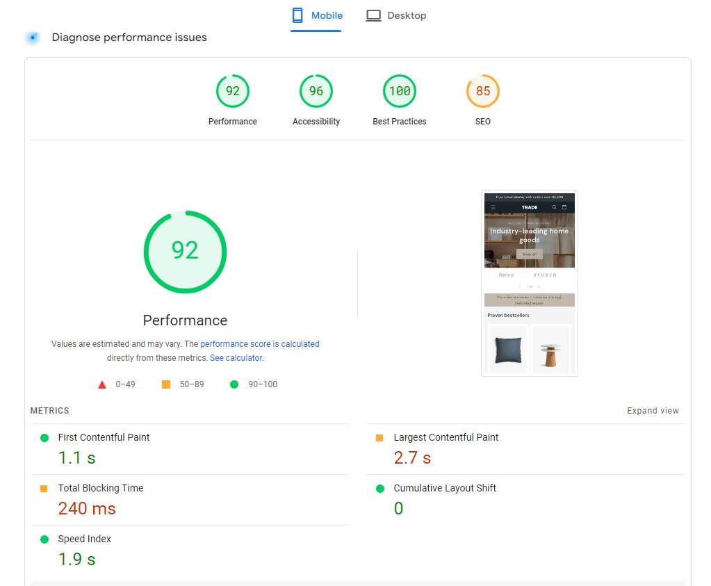 Speed ​​of Shopify Trade Theme on Mobile
