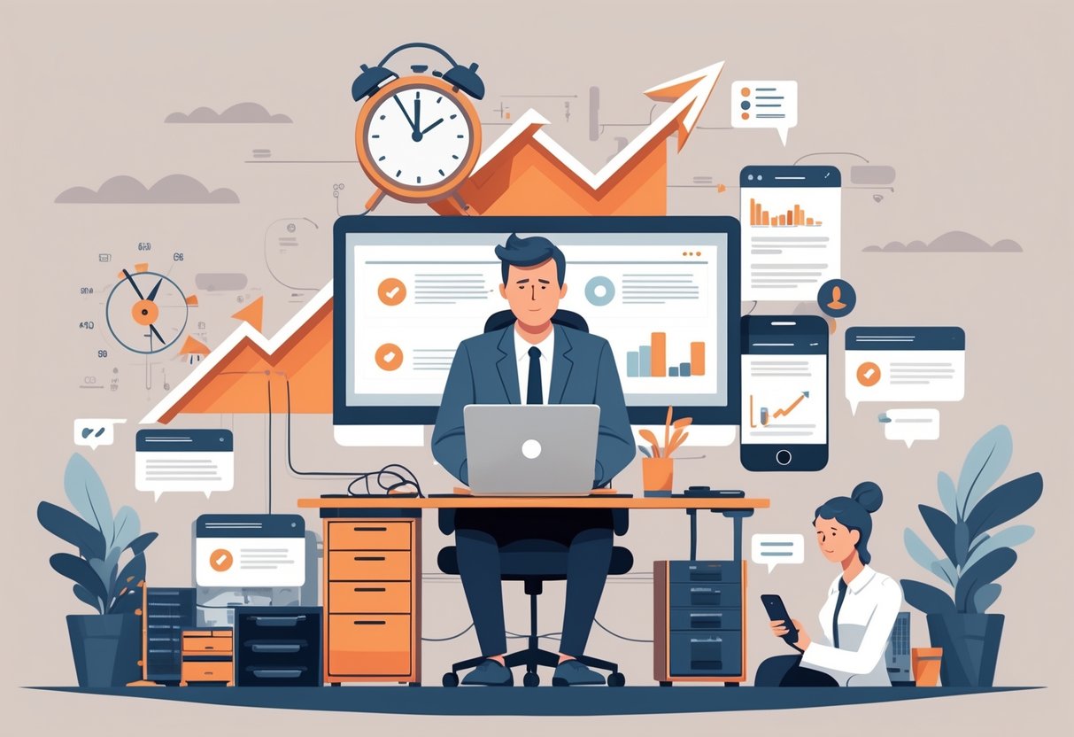 A small business owner looks worried at a laptop showing an error screen, surrounded by symbols of downtime like paused clocks and disconnected cables, with visuals of declining customer reviews and graphs in the background.