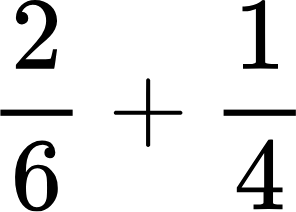 {"code":"$$\\frac{2}{6}+\\frac{1}{4}$$","id":"2","backgroundColor":"#ffffff","backgroundColorModified":false,"aid":null,"type":"$$","font":{"size":11,"family":"Arial","color":"#000000"},"ts":1726434562643,"cs":"thNXtwVZj1XYDWxHRTtjFw==","size":{"width":48,"height":34}}