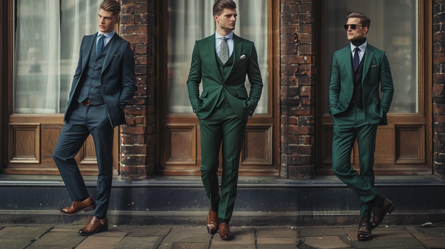 A man wearing a dark green suit styled three ways: one formal with a white shirt and tie for a wedding, one with a light blue shirt for work, and one with a black turtleneck for a party. The suit shades range from emerald to forest green. Accessories include brown and black shoes, soft lighting. Stylish and modern background with subtle elegance.