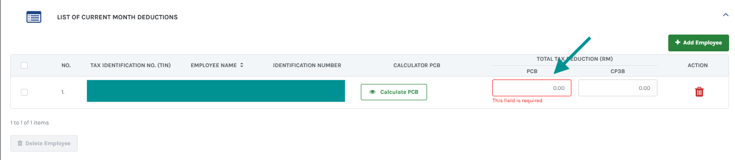 Screencap cap of e-CP39 submission List of Current Month Deductions table