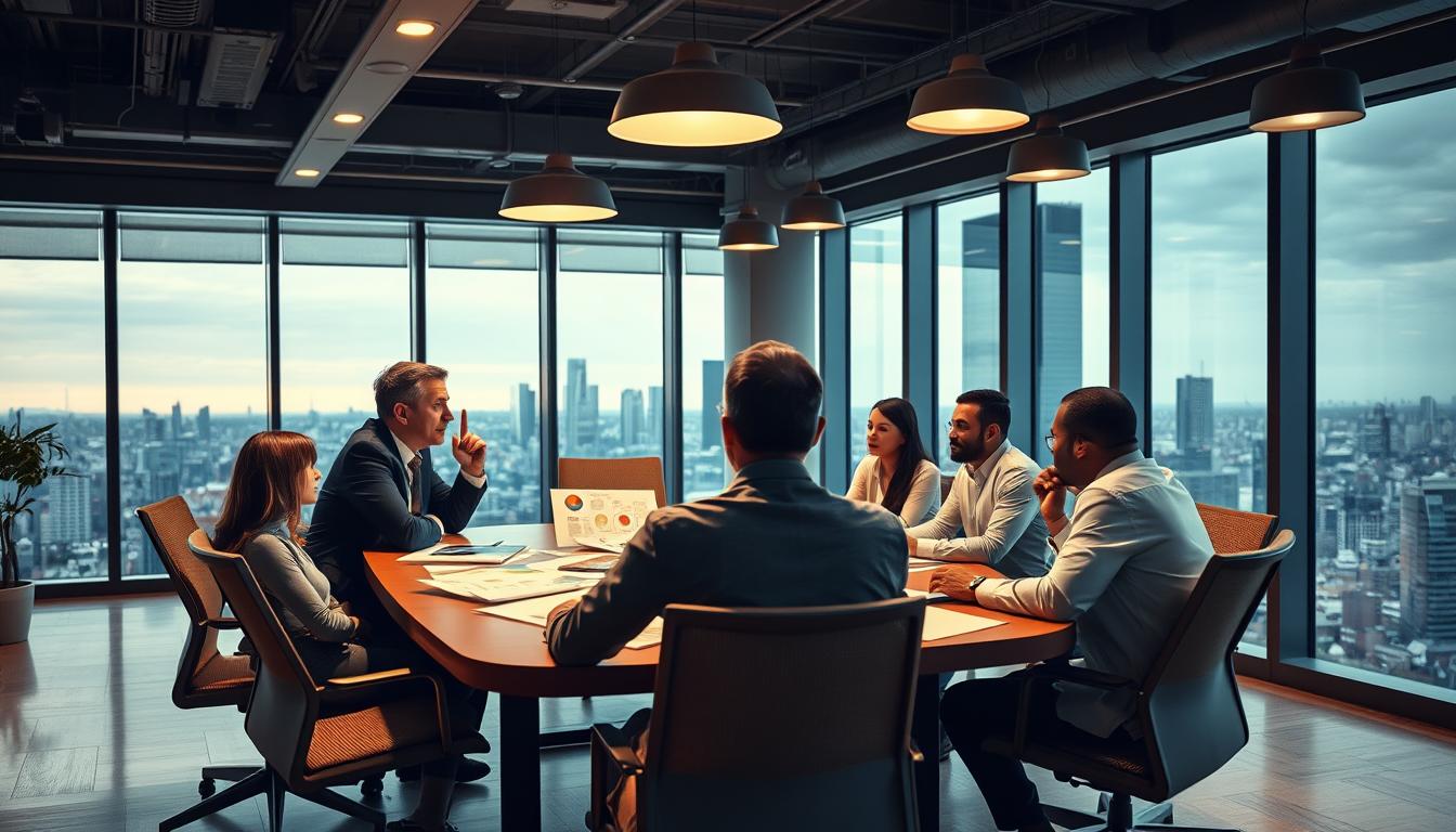 A bustling office space with a central table where a team of professionals are engaged in a strategic planning session for an upcoming business relocation. Warm lighting from overhead fixtures casts a focused ambiance, highlighting the team's intense discussions and the various documents, maps, and charts spread out before them. In the foreground, a senior executive gestures emphatically, while their colleagues nod in agreement, immersed in the critical details of the relocation plan. The background features floor-to-ceiling windows overlooking a dynamic cityscape, symbolizing the exciting new opportunities that lie ahead.