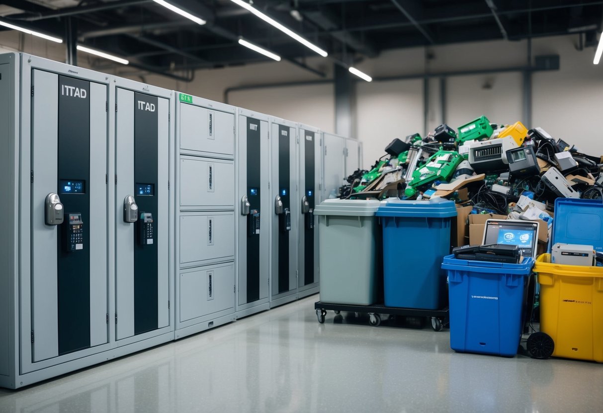 A secure ITAD facility with locked bins and data erasure equipment, contrasted with a recycling center with piles of electronic waste