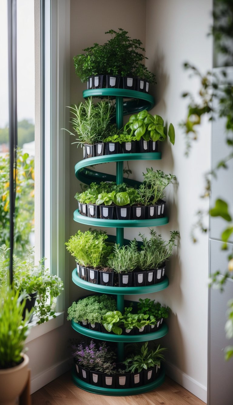 A vertical herb spiral garden nestled in a corner, with a variety of herbs and plants arranged in a spiral pattern