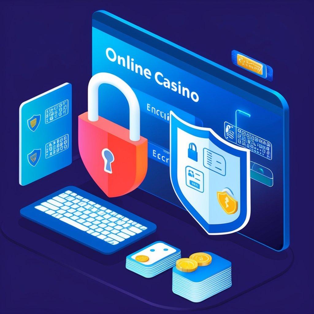 A secure online casino with a padlock symbol, encrypted data, and a shield protecting financial transactions