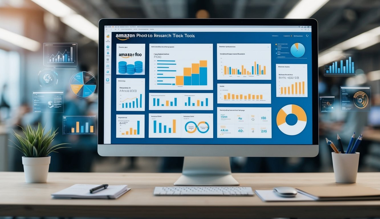 A computer screen displaying various product research tools with the Amazon FBA logo in the background. Graphs and data visualizations are scattered around the screen