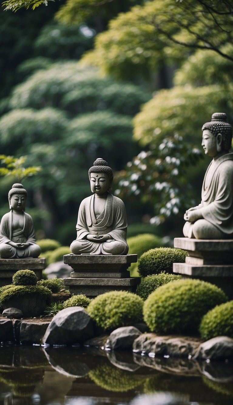 Stone statues stand in a tranquil Japanese garden, surrounded by carefully manicured plants and serene water features