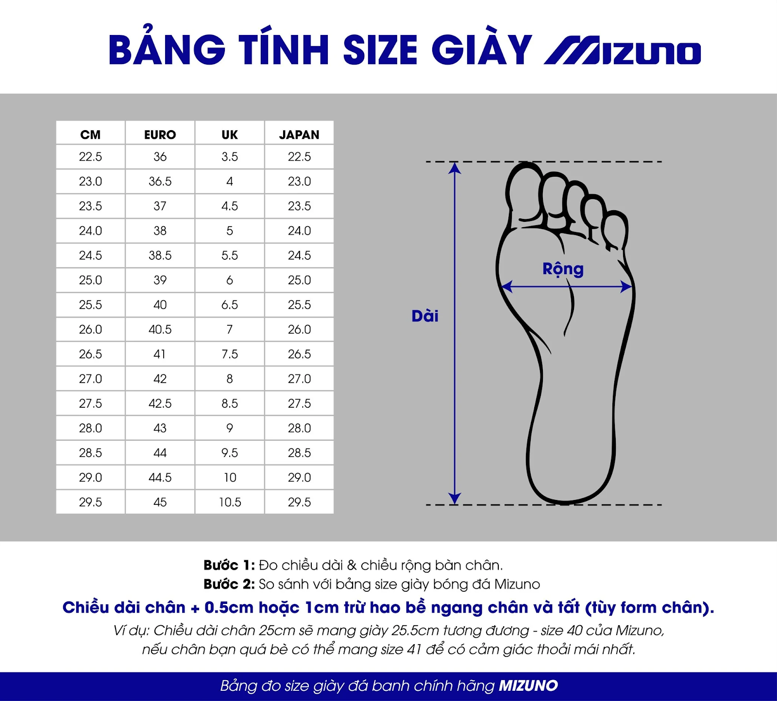 Bảng size giày cầu lông Mizuno