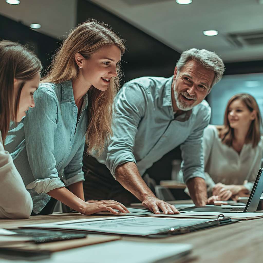 Group of inspired leaders strategizing together in a high-tech conference room, ready to drive innovation and growth, showcasing the benefits of transformational leadership assessments.