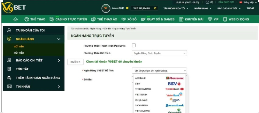 Nạp tiền V9bet đơn giản nhanh chóng với ngân hàng trực tuyến