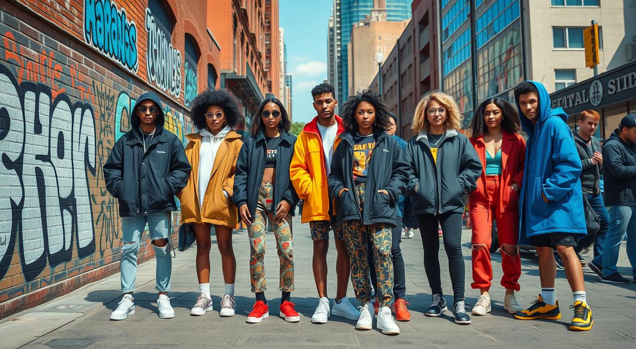 A vibrant urban street scene featuring diverse individuals showcasing trendy street style outfits, including oversized jackets, colorful sneakers, and unique accessories. The background is filled with graffiti art on brick walls, bustling city life, and modern architecture, all under a bright blue sky. Emphasize bold patterns, layering, and a blend of casual and edgy fashion elements.