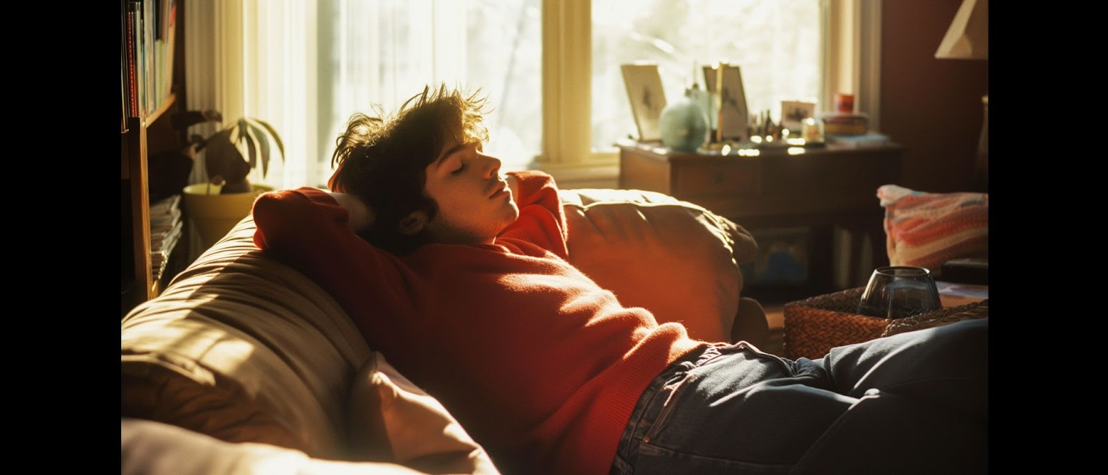 a guy with healthy hair having an afternoon sleep on the couch