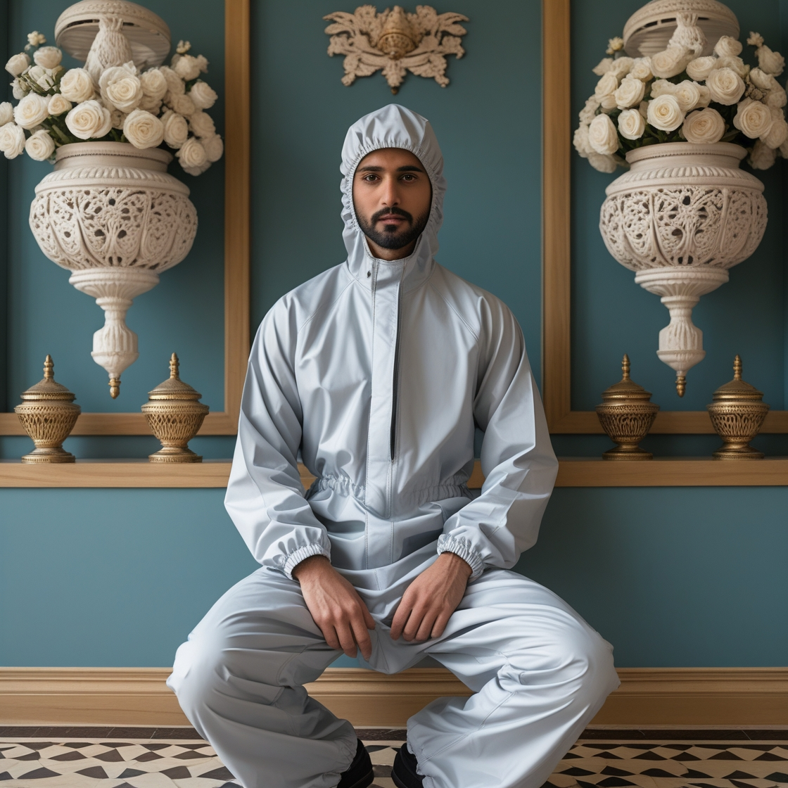 man sitting in a rain suit