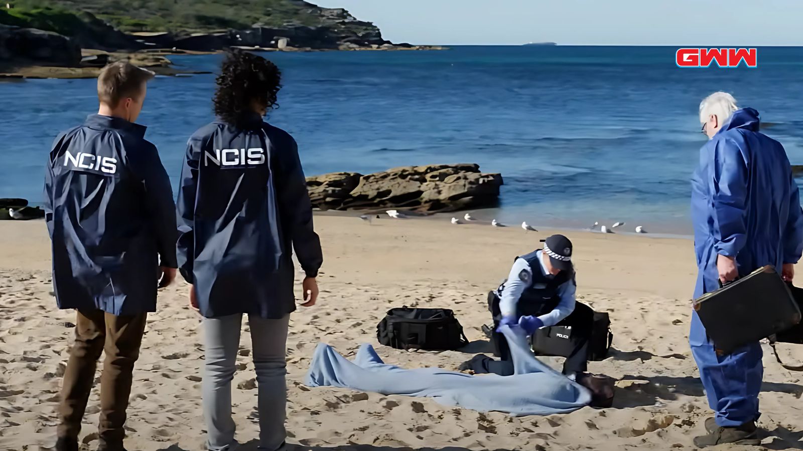 NCIS: Sydney team investigates a beach crime scene with Todd Lasance, Tuuli Narkle, and William McInnes