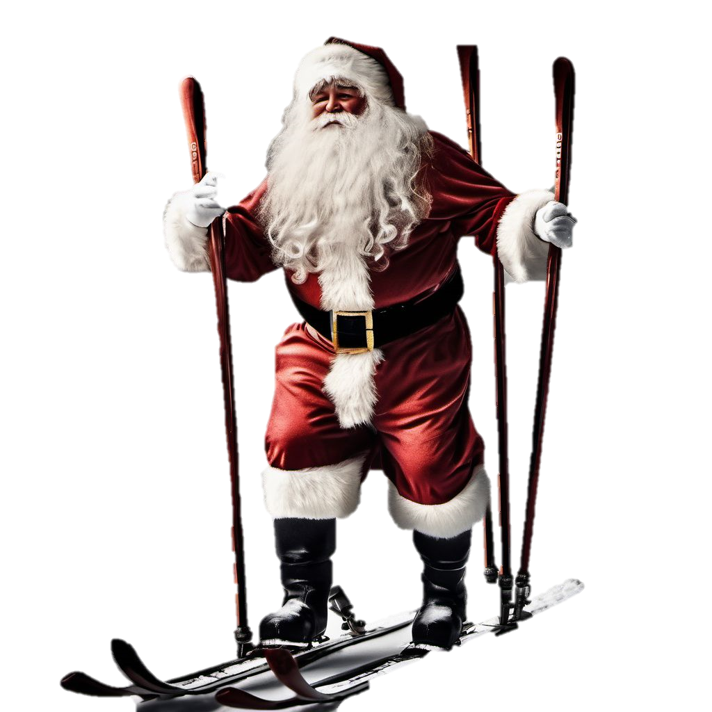 A person in a santa suit on skis

Description automatically generated