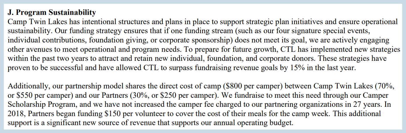 A sustainability plan within a grant proposal from Camp Twin Lakes
