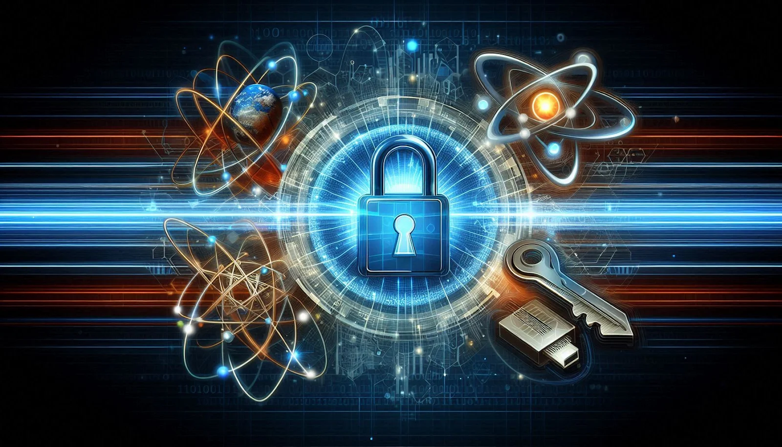 Illustration of quantum cryptography, depicting secure data transmission with quantum encryption technologies.