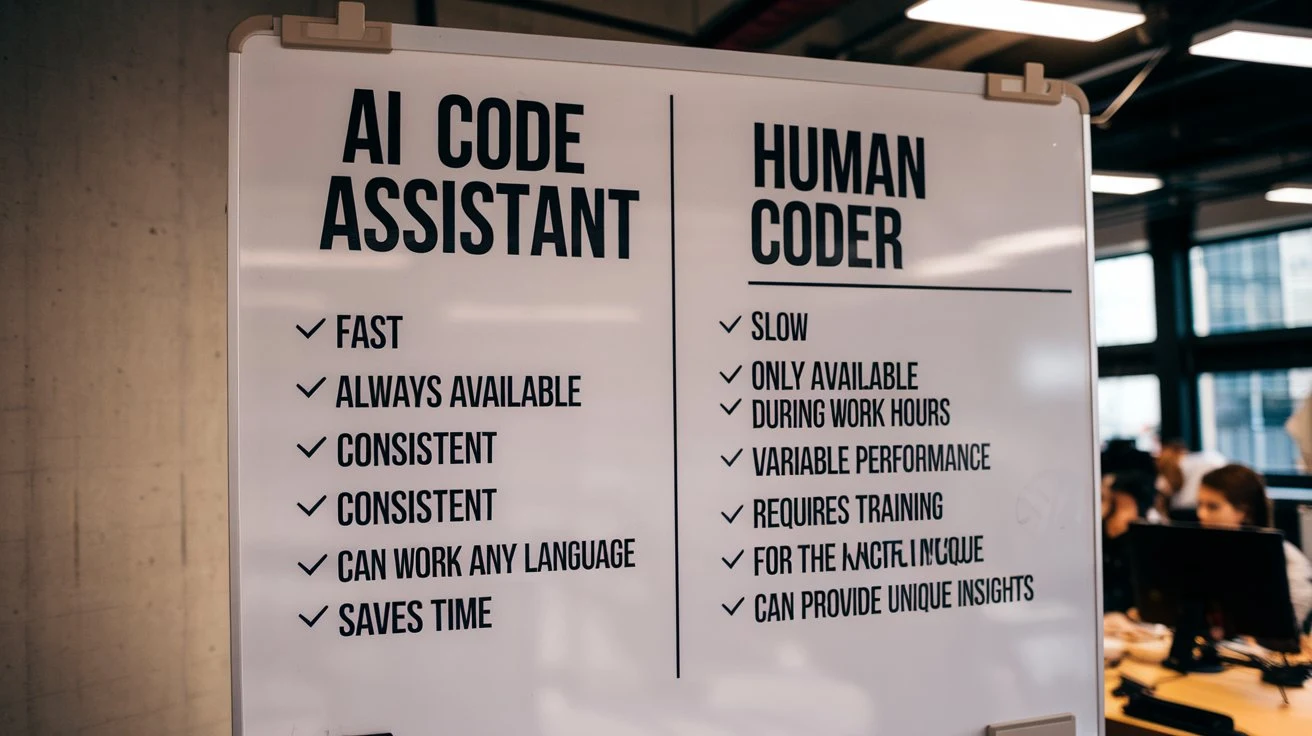 A comparison between AI Code Assistants and human coders in various aspects.