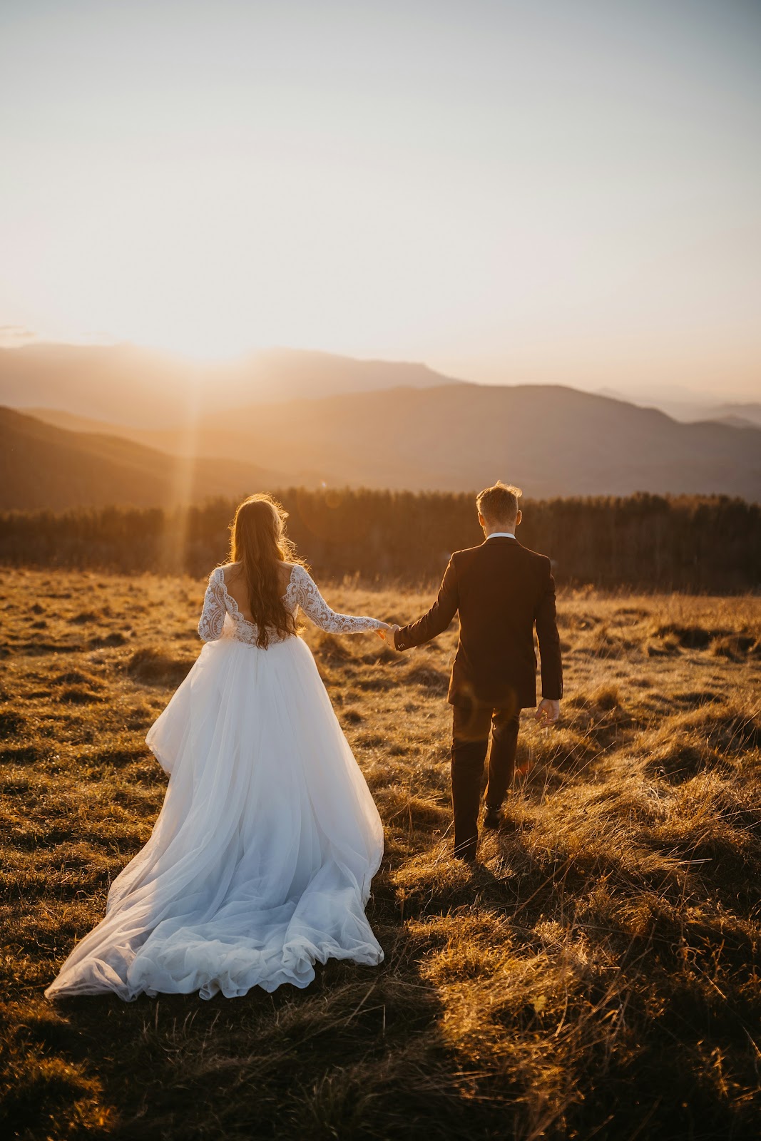 Newlyweds holding hands in a sunlit field  | Source: Unsplash