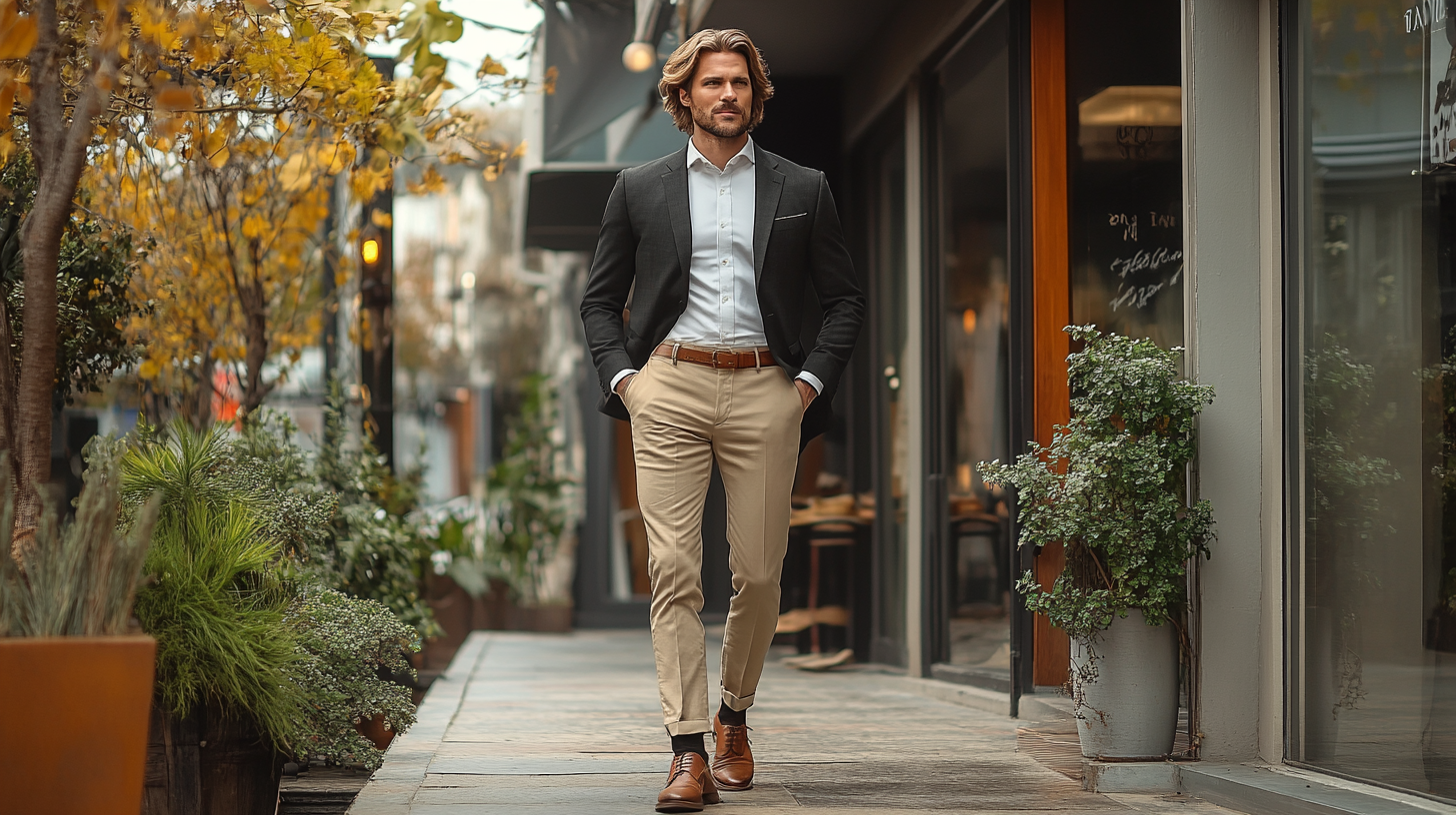 
Combine a black suit with light khaki trousers and brown shoes for a fresh, modern twist on a daytime look. This combination is perfect for a less formal setting, giving you a polished yet relaxed vibe