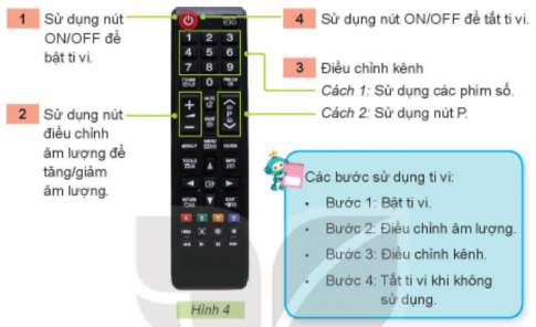 BÀI 5. SỬ DỤNG MÁY THU HÌNH1. TÁC DỤNG CỦA MÁY THU HÌNHCâu 1: Em hãy quan sát Hình 1 và cho biết tác dụng của máy thu hình?Giải nhanh:Tác dụng của máy thu hình:Cập nhật tin tức thời sựGiải tríHọc tập thông qua chương trình giáo dục.2. MỐI QUAN HỆ GIỮA ĐÀI TRUYỀN HÌNH VÀ MÁY THU HÌNHCâu 1: Em hãy quan sát Hình 2 và cho biết:Các chương trình truyền hình được sản xuất ở đâu?Máy thu hình thu nhận các chuơng trình từ đài truyền hình bằng cách nào?Giải nhanh:Các chương trình truyền hình được sản xuất ở đài truyền hình.Máy thu hình thu nhận các chuơng trình từ đài truyền hình bằng cách thu tín hiệu mà đài truyền hình phát qua ăng ten hoặc cáp truyền hình.3. MỘT SỐ CHƯƠNG TRÌNH TRUYỀN HÌNHCâu 1: Em hãy đọc thông tin trong Hình 3 và cho biết tên chương trình truyền hình phù hợp với em?Giải nhanh: Tên chương trình truyền hình phù hợp với em:Giọng hát Việt nhíHọc cùng conBaby on the wayHọc thông qua chơiCâu 2: Nói với bạn tên và nội dung chương trình truyền hình mà em biết.Giải nhanh: Biệt tài tí hon: giới thiệu những tài năng nhí trong độ tuổi 3 - 9 tuổi ở mọi lĩnh vực.Giọng hát Việt nhí: tuyển chọn những giọng ca nhí từ độ tuổi 6 đên16.Follow us: học từ vựng tiếng Anh 4. SỬ DỤNG MÁY THU HÌNH