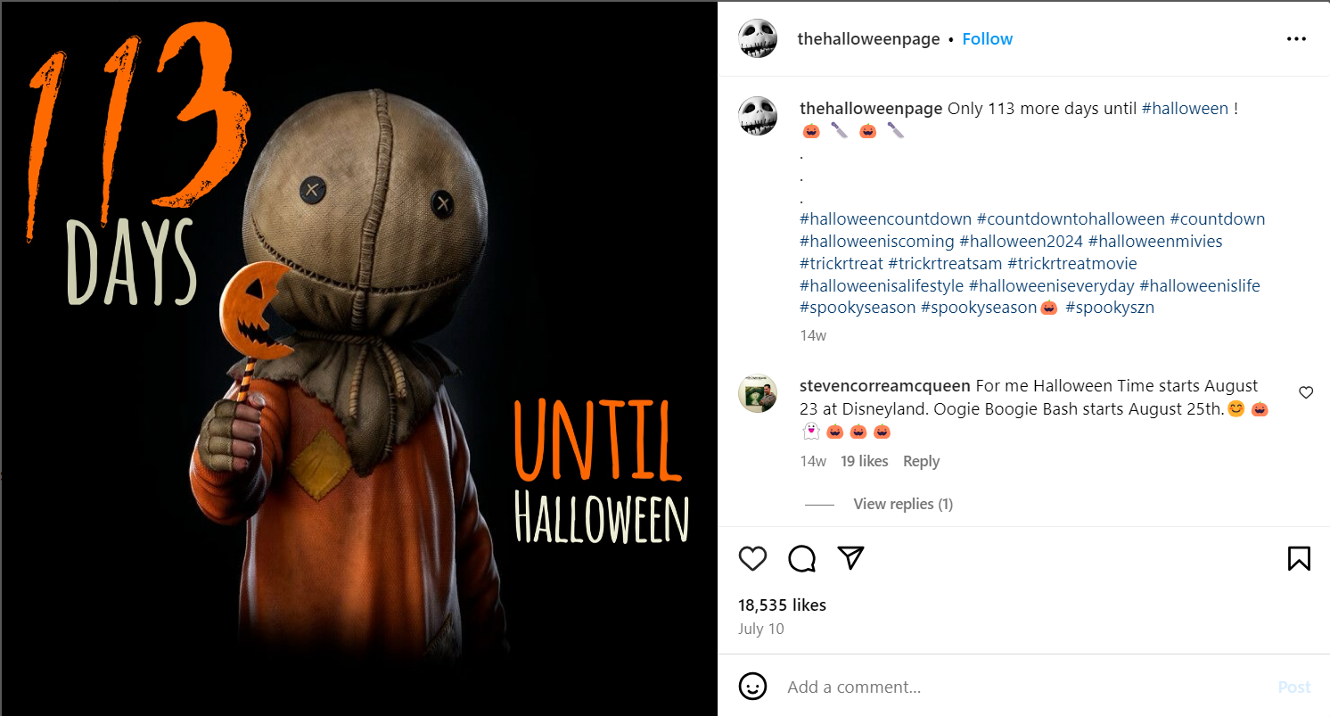 Screenshot of The Halloween page on Instagram #halloweencountdown