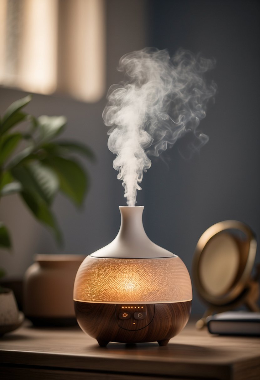 An aromatherapy diffuser sits on a bedside table, emitting a soft, soothing mist into the air. The room is filled with calming scents, creating a peaceful and relaxing atmosphere