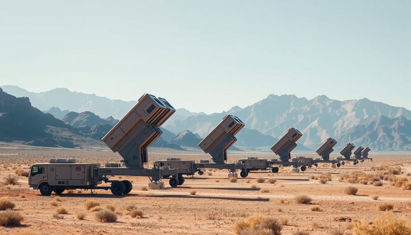 A futuristic landscape in New Mexico showcasing advanced surface-to-air missile systems, surrounded by arid desert terrain, dramatic mountains in the background, clear blue sky, and a sense of high-tech military readiness.