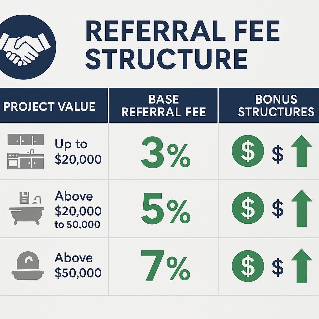 Referral fee structure infographic for home improvement leads showing incentive programs for designer partnerships in bathroom and kitchen remodeling.