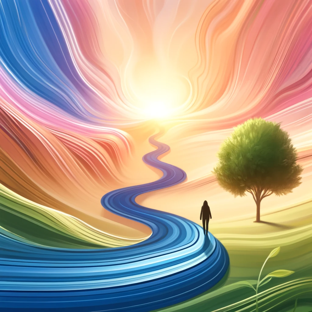 An image symbolizing the journey towards a fulfilling life, featuring a winding path leading towards a bright horizon. The color palette transitions from soft, tranquil tones to more vibrant and uplifting hues, representing the progression towards fulfillment. A flourishing tree or a person walking confidently towards a radiant destination may be present, evoking a sense of optimism, purpose, and the beauty of life's journey.