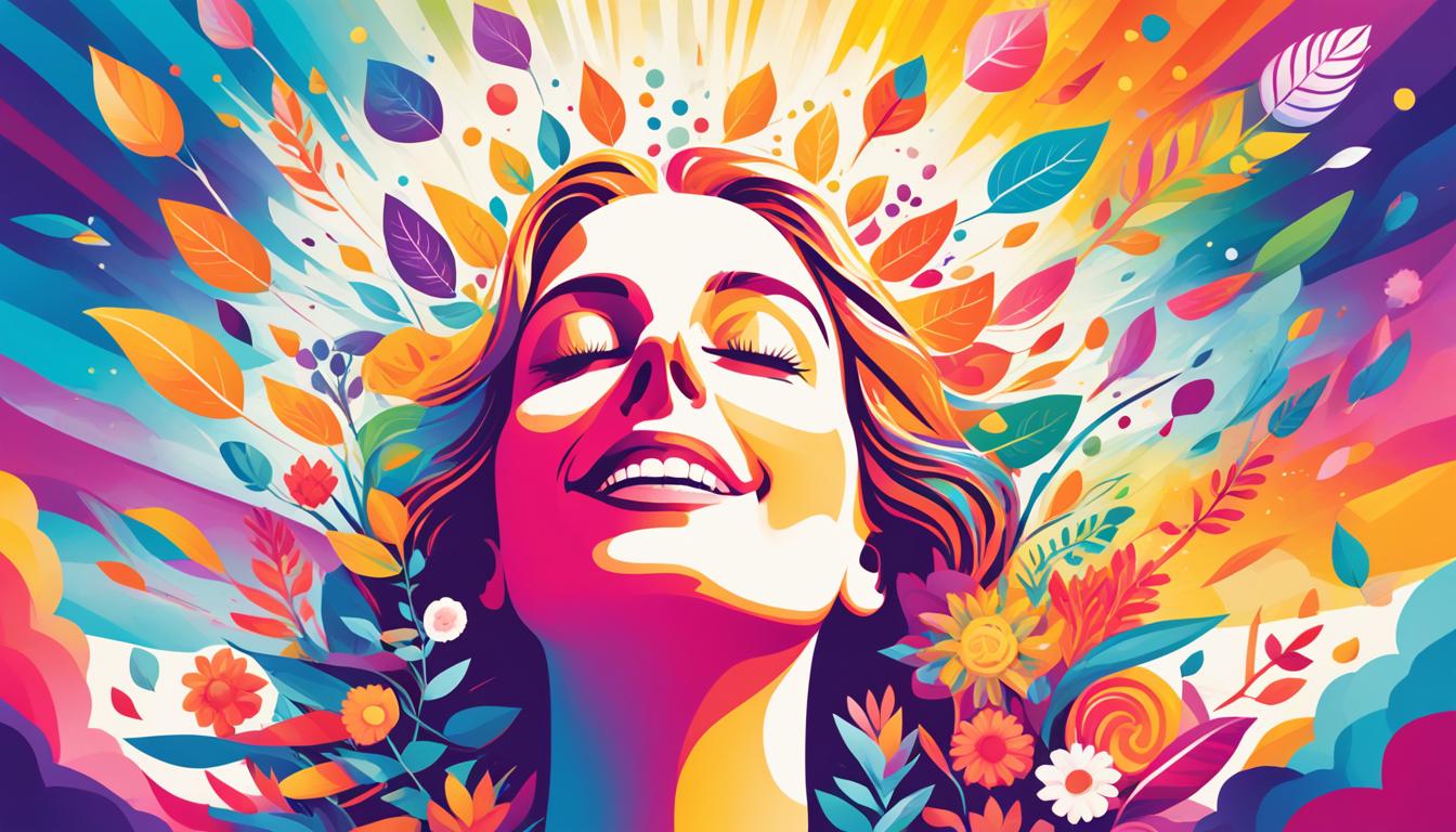 An image of a person surrounded by vibrant colors and uplifting symbols, radiating positivity and joy. The person should be breathing deeply with their eyes closed, as if they are meditating or visualizing their goals. The background should feature images of nature, such as trees and flowers, to suggest growth and renewal. Add a sun or bright light source to represent hope and optimism. Show energy flowing from the person's body to their surroundings, symbolizing their ability to manifest positive things in their life through their thoughts and emotions.