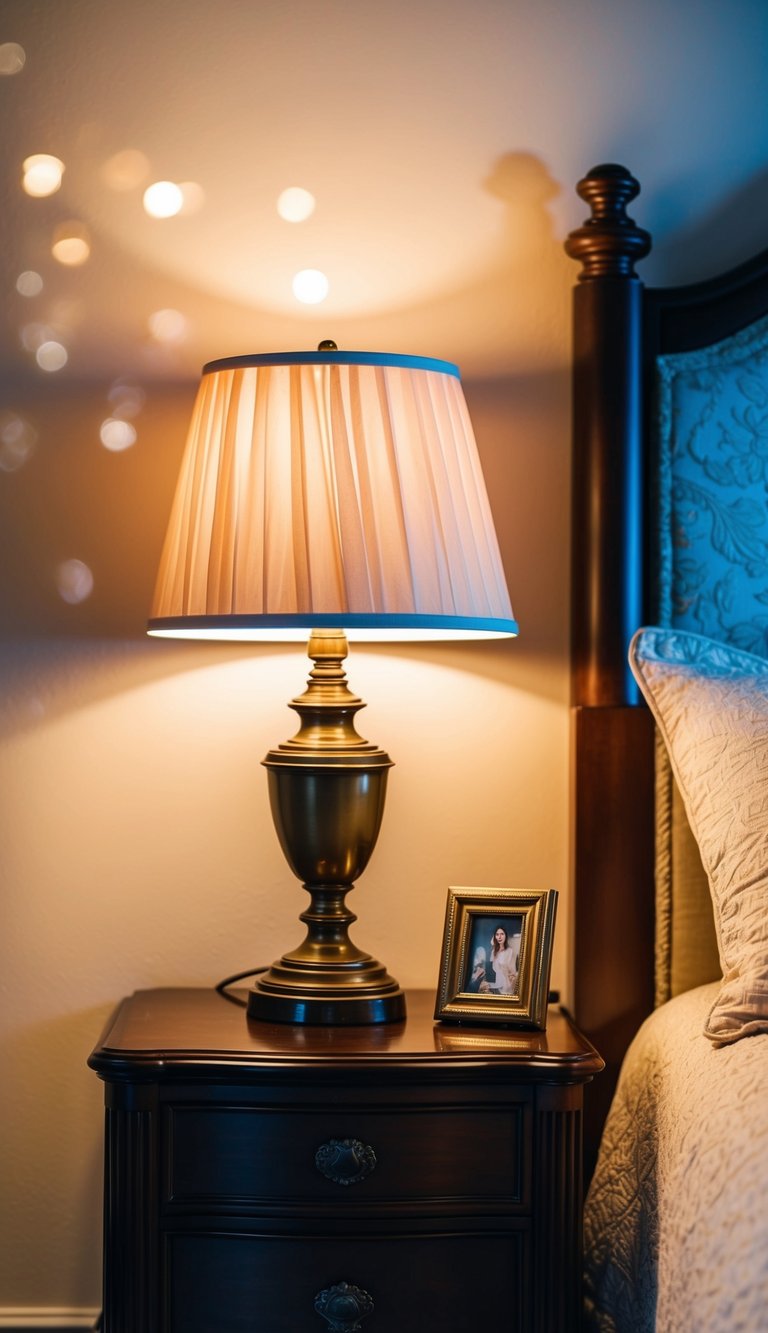 A vintage table lamp sits on a nightstand in a cozy master bedroom, casting a warm glow over the romantic decor