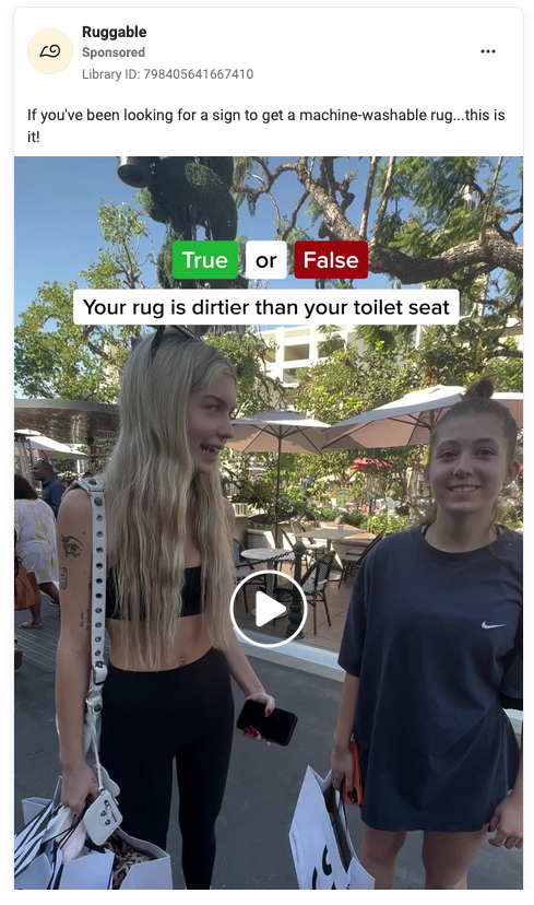 A screenshot of a sponsored Instagram post by Ruggable. The image shows people being interviewed and asked if their rug is dirtier than their toilet seat.